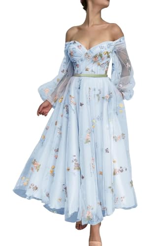 Damen Ballkleid Schulterfrei PuffäRmel Blumenstickerei TüLl Heimkehrkleid A-Linie Spitze Formelles Abend-Partykleid Blue 8XL von Generic