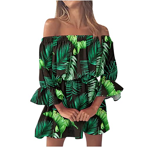 Damen Bandeau Sommerkleider Sexy Trägerloses Schulterfreies Blumendruck Kleid Strand Lässige Tunika Sommerkleider Casual Loose Rüschen Minikleid Mini Blumenkleid Kleid für Frauen (Grün, L) von Generic