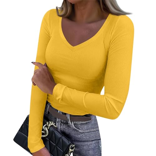 Damen Basic Einfarbig Rundhals Unteres Langarmshirt Frühling Sommer Casual Elegant Langarm Oberteile 2025 Sexy Slim Fit Stretch Gerippte Pullover Gelb S von Generic