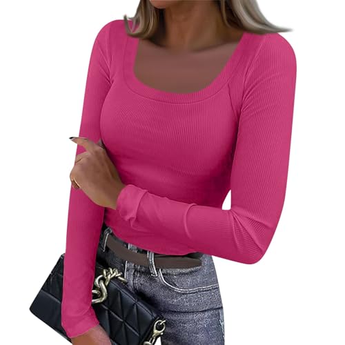 Damen Basic Einfarbig Rundhals Unteres Langarmshirt Frühling Sommer Casual Elegant Langarm Oberteile 2025 Sexy Slim Fit Stretch Gerippte Pullover Rosa M von Generic