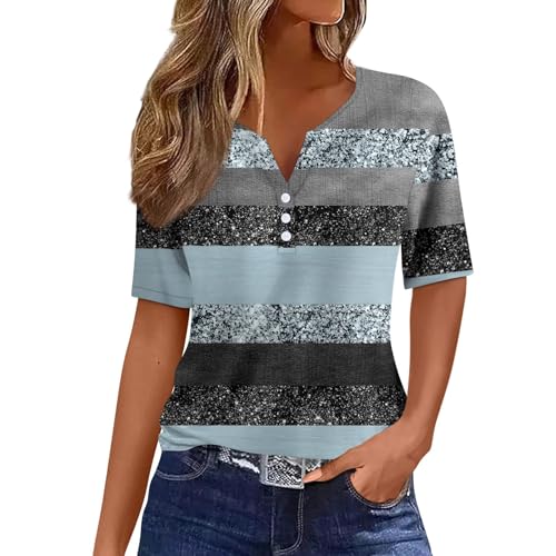 Damen Basic Kurzarm V Ausschnitt T Shirt Elegant Locker Button Tops Mode Bunte Drucken Oberteile Sommer Freizeit Strand Shirts L von Generic
