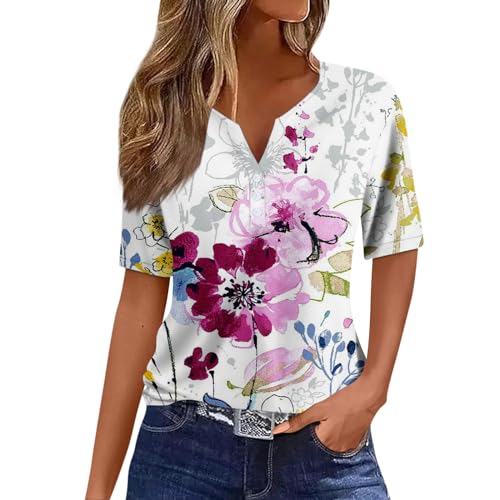 Damen Basic Kurzarm V Ausschnitt T Shirt Elegant Locker Button Tops Mode Bunte Drucken Oberteile Sommer Freizeit Strand Shirts L von Generic