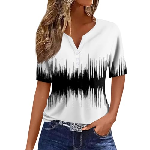 Damen Basic Kurzarm V Ausschnitt T Shirt Elegant Locker Button Tops Mode Bunte Drucken Oberteile Sommer Freizeit Strand Shirts L von Generic