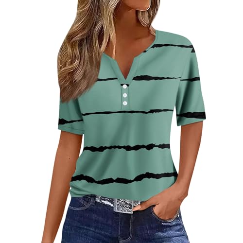 Damen Basic Kurzarm V Ausschnitt T Shirt Elegant Locker Button Tops Mode Bunte Drucken Oberteile Sommer Freizeit Strand Shirts L von Generic