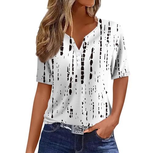 Damen Basic Kurzarm V Ausschnitt T Shirt Elegant Locker Button Tops Mode Bunte Drucken Oberteile Sommer Freizeit Strand Shirts M von Generic