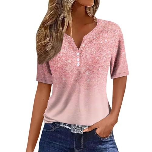 Damen Basic Kurzarm V Ausschnitt T Shirt Elegant Locker Button Tops Mode Bunte Drucken Oberteile Sommer Freizeit Strand Shirts M von Generic