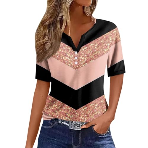 Damen Basic Kurzarm V Ausschnitt T Shirt Elegant Locker Button Tops Mode Bunte Drucken Oberteile Sommer Freizeit Strand Shirts S von Generic