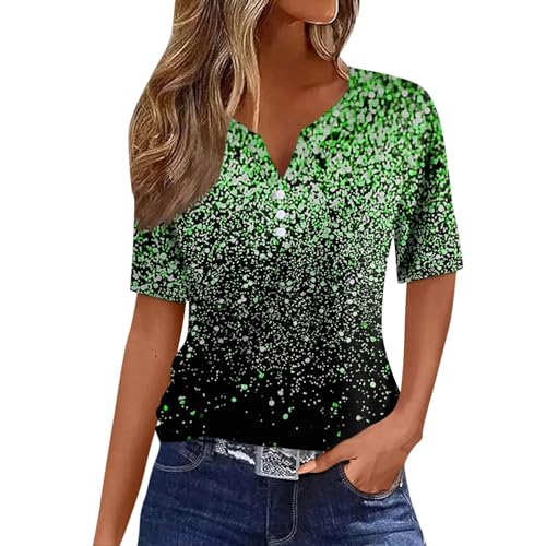 Damen Basic Kurzarm V Ausschnitt T Shirt Elegant Locker Button Tops Mode Bunte Drucken Oberteile Sommer Freizeit Strand Shirts S von Generic
