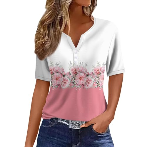 Damen Basic Kurzarm V Ausschnitt T Shirt Elegant Locker Button Tops Mode Bunte Drucken Oberteile Sommer Freizeit Strand Shirts XL von Generic