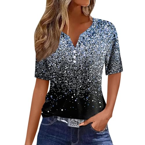 Damen Basic Kurzarm V Ausschnitt T Shirt Elegant Locker Button Tops Mode Bunte Drucken Oberteile Sommer Freizeit Strand Shirts XL von Generic