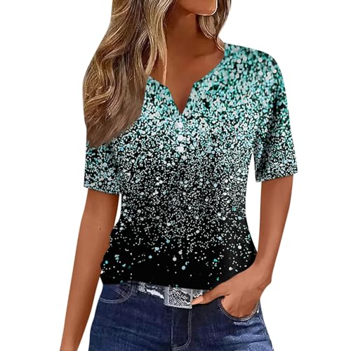Damen Basic Kurzarm V Ausschnitt T Shirt Elegant Locker Button Tops Mode Bunte Drucken Oberteile Sommer Freizeit Strand Shirts XL von Generic