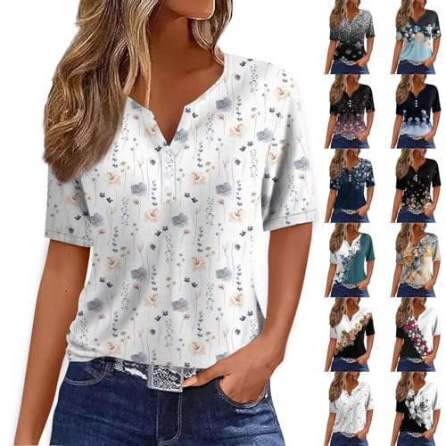 Damen Basic Kurzarm V Ausschnitt T Shirt Elegant Locker Button Tops Mode Bunte Drucken Oberteile Sommer Freizeit Strand Shirts XXL von Generic