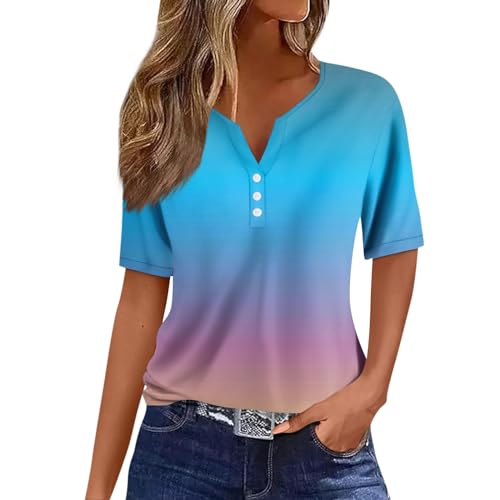 Damen Basic Kurzarm V Ausschnitt T Shirt Elegant Locker Button Tops Mode Bunte Drucken Oberteile Sommer Freizeit Strand Shirts XXL von Generic