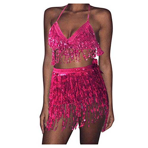 Damen Bauchtanz Kostüm Quaste Pailletten Rock Set, sexy Pailletten Tanz Set Neckholder Oberteil Hüfttuch Rock Kostüm Anzüge, Fransenrock Club Latin Indian Belly Dance Rave (Hot Pink, One Size) von Generic