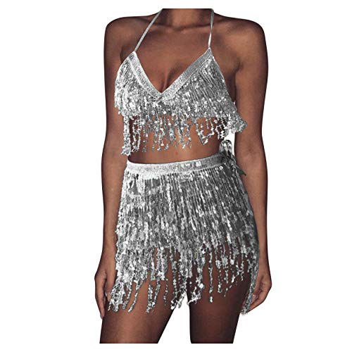 Damen Bauchtanz Kostüm Quaste Pailletten Rock Set, sexy Pailletten Tanz Set Neckholder Oberteil Hüfttuch Rock Kostüm Anzüge, Fransenrock Club Latin Indian Belly Dance Rave Hüftrock (Silver, One Size) von Generic