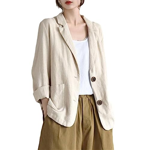 Damen Baumwolle Leinen Blazer Frühling Einfach Retro Lose Jacke, beige, 40 von Generic