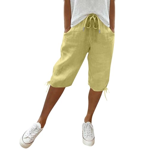 Damen Baumwolle Leinen Shorts Freizeit Bermuda Kurze Hose Knielange High Waist Bequeme Sommershorts mit Taschen,Gelb,XL Damen Baumwolle Leinen Shorts Freizeit Bermuda Kurze Hose Knielange High Waist Bequeme Sommershorts mit Taschen,Gelb,XL von Generic