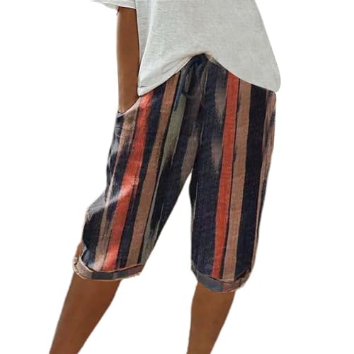 Damen Baumwolle Leinen Shorts Freizeit Bermuda Kurze Hose Sommer Knielange Hosen High Waist Bequeme Sommershorts mit Taschen,Blau,XL von Generic