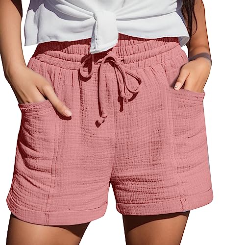 Damen Baumwolle Leinen Shorts Gummiband Hotpants Sommer Weite Kurze Hosen Lässige Lockere Shorts mit Kordelzug Kurze Hose mit Taschen Gummiband Freizeit Shorts Elastische Stoffhose von Generic