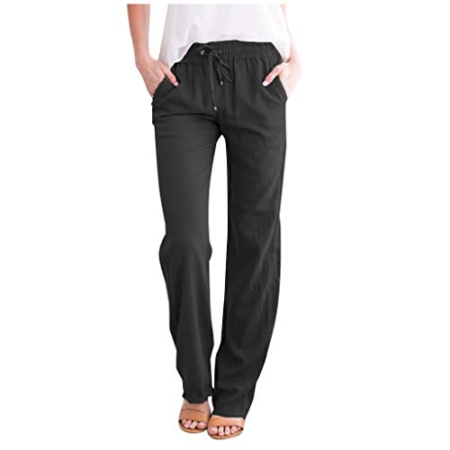 Damen Baumwolle Leinenhose Einfarbig Loose Haremshose Leicht Casual Yogahose Angenehm Regular Bürohose Blickdicht Straight Bein Freizeithose mit Taschen Kordelzug Schlaghose 2024 Stoffhose von Generic