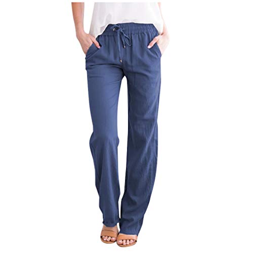Damen Baumwolle Leinenhose Einfarbig Loose Haremshose Leicht Casual Yogahose Angenehm Regular Bürohose Blickdicht Straight Bein Freizeithose mit Taschen Kordelzug Schlaghose 2024 Stoffhose von Generic