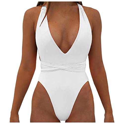 Damen Bikini Einfarbig Set Badeanzug Einteiler Badeanzüge für Frauen Strandmode Dessous Träger, weiß, M von Generic