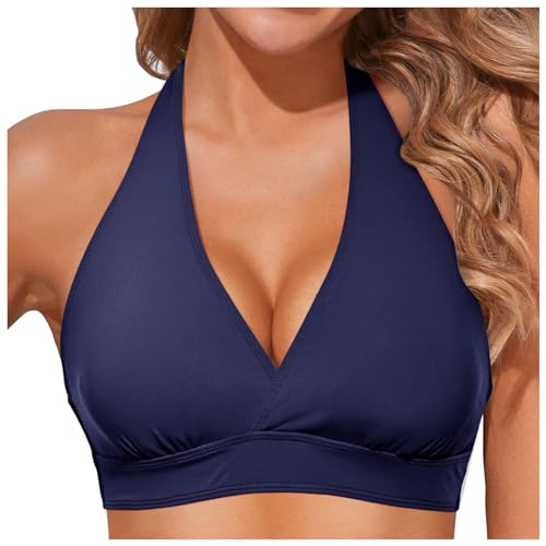 Damen Bikini Oberteil Neckholder V Ausschnitt Lace Up Textur Bademode Spaghettiträger Bikini Top Brazilian Rückenfrei Bikinioberteil BH mit Polster ohne Bügel von Generic