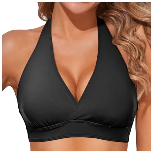 Damen Bikini Oberteil Neckholder V Ausschnitt Lace Up Textur Bademode Spaghettiträger Bikini Top Brazilian Rückenfrei Bikinioberteil BH mit Polster ohne Bügel von Generic