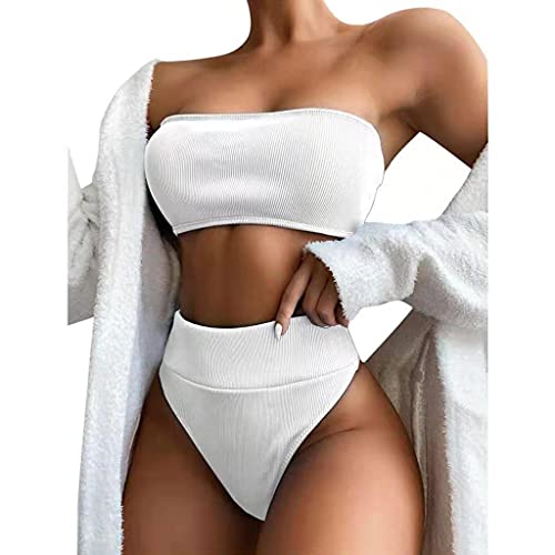 Damen Bikini-Set, trägerlos, gerippt, Bandeau, Tanga, Weiß, Größe L von Generic