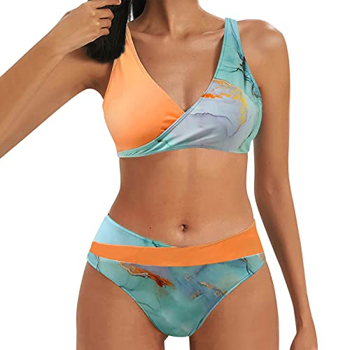 Damen Bikini Set Crossover Low Rise V-Ausschnitt Gestreift Bikinioberteil Push Up Blumenmuster 2tlg Bikini Damen Set Streifendruck Sexy Ruched Bauchweg Damen Große Größen Bikini Set Bademode von Generic