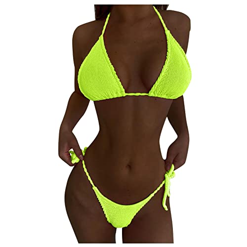 Damen Bikini Set Triangel Breites Unterbrustband Gerippte Bademode Zweiteiliger Badeanzug Flamingo Anzug,Gelb,XXL von Generic