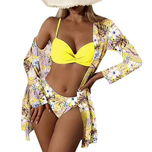 Damen Bikini Set mit Schalbluse Push up Verstellbar Crossover Ties-up Neckholder Bikinioberteil Gedruckt High Waist Bikini Bademode Bauchweg Swimsuit von Generic