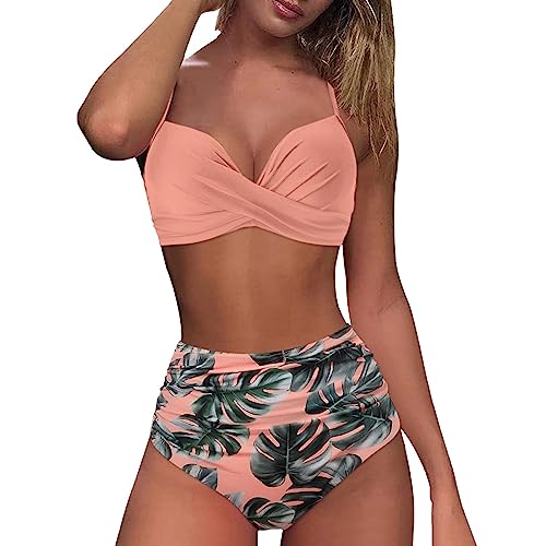 Damen-Bikini mit hoher Taille, sexy Push-up-Zweiteiler, Vintage-Badeanzug, zweiteilig, Retro-Neckholder, gerüscht, hohe Taille, bedrucktes Bikini-Set (Green #3, L) von Generic