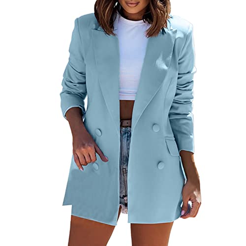 Damen Blazer Elegant Blazer Tailliert Damen Einfarbig Langarm Anzüge Frühling Leicht Jacke Zweireihig Offener Business Longblazer Slim Fit Freizeitjacke Mantel Revers Blazer Kurz Sakko von Generic