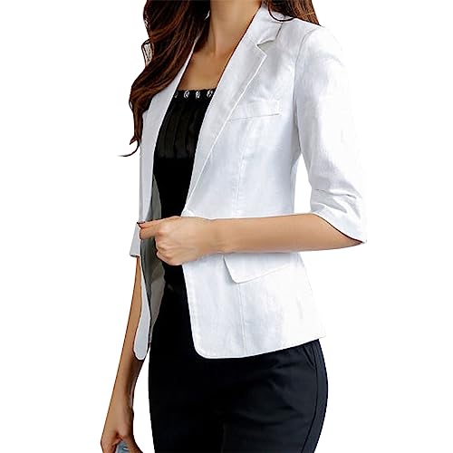 Damen Blazer Sportlich Elegant 3/4 Arm, Leinen Blazer Damen Kurz Kurzblazer Damen Elegant Anzugjacke Sommerjacke Leicht Tailliert Leinen-Blazer Sommer Übergangsjacke Regular Fit Blazerjacken von Generic