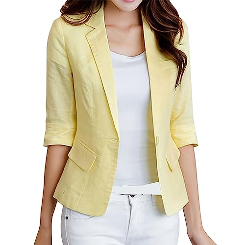 Damen Blazer Sportlich Elegant 3/4 Arm, Leinen Blazer Damen Kurz Kurzblazer Damen Elegant Anzugjacke Sommerjacke Leicht Tailliert Leinen-Blazer Sommer Übergangsjacke Regular Fit Blazerjacken von Generic