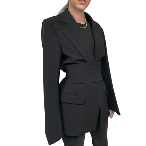 Damen-Blazer mit Wickelfront und Gürtel, 2024, langärmelig, Revers, vorne offen, übergroß, Business, Arbeit, Büro, Jacken, Blazer mit Gürtel(Farbe:Schwarz,Größe:L) von Generic