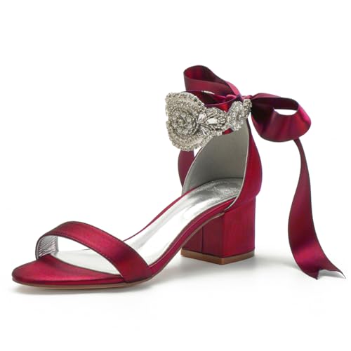 Damen Block Stämmiger Hoher Absatz Abend Party Hochzeitsschuhe Satin Knöchelriemen Brautschuhe Offene Spitze Pumps Strass Schnürsandalen,Burgundy,40 EU Damen Block Stämmiger Hoher Absatz Abend Party Hochzeitsschuhe Satin Knöchelriemen Brautschuhe Offene Spitze Pumps Strass Schnürsandalen,Burgundy,40 EU von FQMAYPO