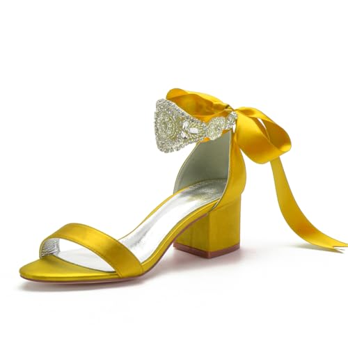 Damen Block Stämmiger Hoher Absatz Abend Party Hochzeitsschuhe Satin Knöchelriemen Brautschuhe Offene Spitze Pumps Strass Schnürsandalen,Gelb,38 EU von FQMAYPO