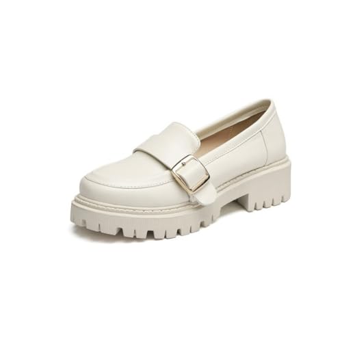 Damen Blockabsatz Plateau Loafer Runde Zehen PU Leder Kleid Schuhe Mit Metallschnalle Slip Auf Vintage Freizeitschuhe,Beige,38.5 EU von Generic