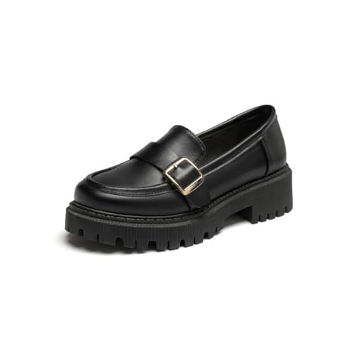 Damen Blockabsatz Plateau Loafer Runde Zehen PU Leder Kleid Schuhe Mit Metallschnalle Slip Auf Vintage Freizeitschuhe,Schwarz,37 EU von Generic