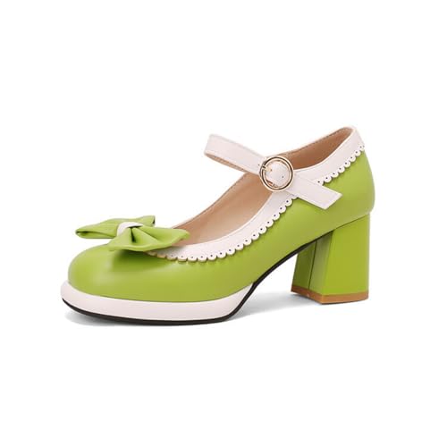 Damen Blockabsatz Plateau Mary Janes Geschlossene Quadratischer Zehen PU-Leder Schuhe Mit Schleife Knöchelriemen Kleid Schuhe Mit Schnalle,Grün,38.5 EU von Generic