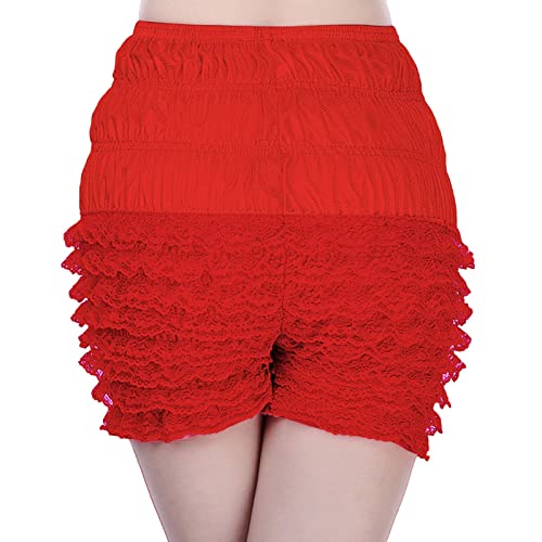 Damen Bloomers Vintage Rüschen Shorts Schlafanzughose mit Blumenspitze Viktorianische Prinzessin Kostüm Pumphose Kurze Shorts (Rot, M) von Generic