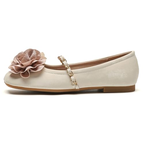 Damen Blumen Ballerinas - Quadratspitze mit rosa Rose & Goldkette, Frühlings- und Sommergartenfeste,Almond,36 EU von Generic