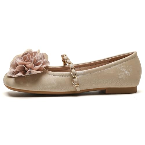 Damen Blumen Ballerinas - Quadratspitze mit rosa Rose & Goldkette, Frühlings- und Sommergartenfeste,Khaki,36 EU von Generic