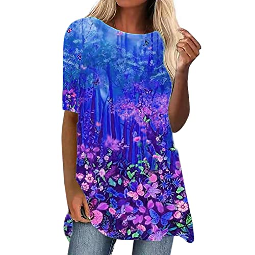 Damen Blumen Tunika für Leggings-Elegant Kurzarm Long Shirt Drucken Sommer Lang Bluse Übergröße Rundhals T-Shirts Lose Bequem Locker Tunika Tops Oversize Damenbluse von Generic