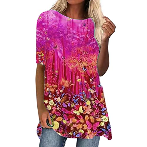 Damen Blumen Tunika für Leggings-Elegant Kurzarm Long Shirt Drucken Sommer Lang Bluse Übergröße Rundhals T-Shirts Lose Bequem Locker Tunika Tops Oversize Damenbluse von Generic