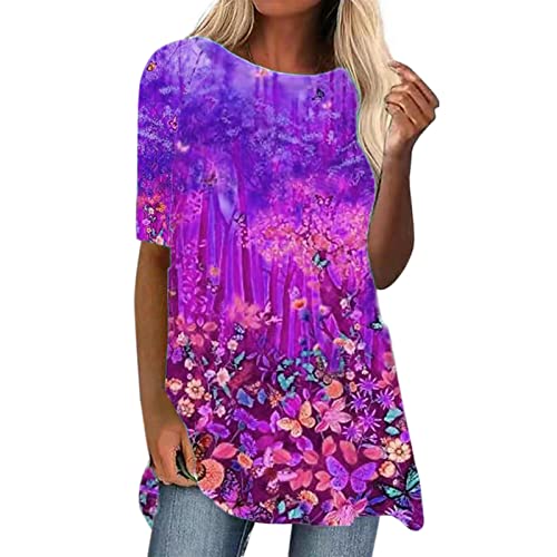 Damen Blumen Tunika für Leggings-Elegant Kurzarm Long Shirt Drucken Sommer Lang Bluse Übergröße Rundhals T-Shirts Lose Bequem Locker Tunika Tops Oversize Damenbluse von Generic