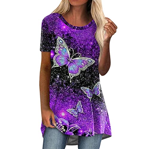 Damen Blumen Tunika für Leggings-Elegant Kurzarm Long Shirt Drucken Sommer Lang Bluse Übergröße Rundhals T-Shirts Lose Bequem Locker Tunika Tops Oversize Damenbluse von Generic