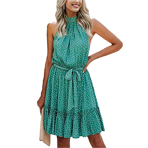 Damen Blumenkleid Casual Sommer Tie Off Shoulder Halfter Rüschen Elastische Taille Print Sonne Kurzes Kleid, grün, Medium von Generic